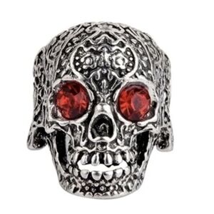 Silver Skull Ring with Red Accents